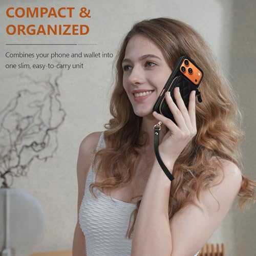 Wallet Case for iPhone 18 Pro Max/iPhone 17 Pro Max 6.9", Genuine Leather Crossbody Zipper Purse with 4 Card Slots & RFID Blocking, Wrist Strap Lanyard Kickstand Flip Cover Black - color: Black, size: 6.9" iPhone 18 Pro Max/17 Pro Max