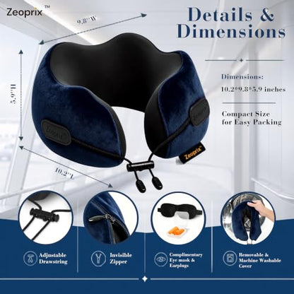 Memory Foam Neck Pillow for Travel, Airplane Pillow, Navy Blue - color: Navy Blue