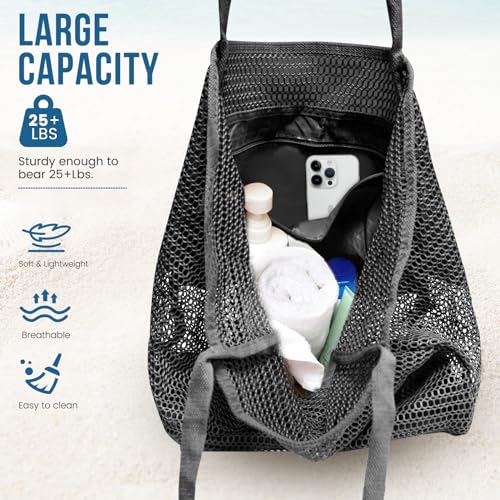 HOHOM Beach Bags for Women, Summer Travel Mesh Tote Bag with Large Inner Pocket, Sandproof Woven Shoulder Handbag - color: 석탄 블랙