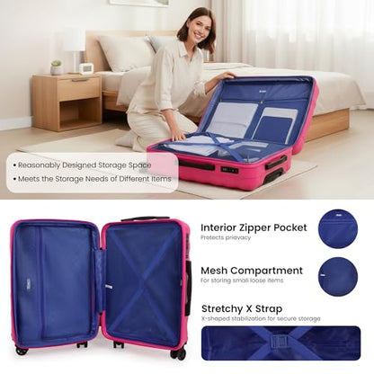 Luggage 25 inch,Expandable 20% Suitcase,w/TSA LOCK - color: Hotpink, size: Checked-Medium 25-Inch