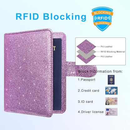 Passport Holder Cover, ACdream Protective Premium Leather RFID Blocking Wallet Travel Case for Passport/Credit Card/Air Ticket, - color: Glitter purple