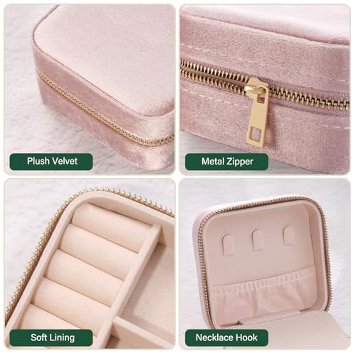 Plush Velvet Travel Jewelry Case Organizer - color: Pink