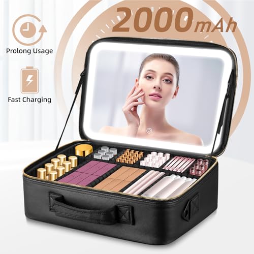 15''X11'' Large Capacity Makeup Bag with LED Mirror, Professional Makeup Case Organizer with 3 Color Light Adjustable Brightness, Travel Make up Cosmetic Case with Detachable Dividers & Shoulder Strap - color: Black, style: Integrated