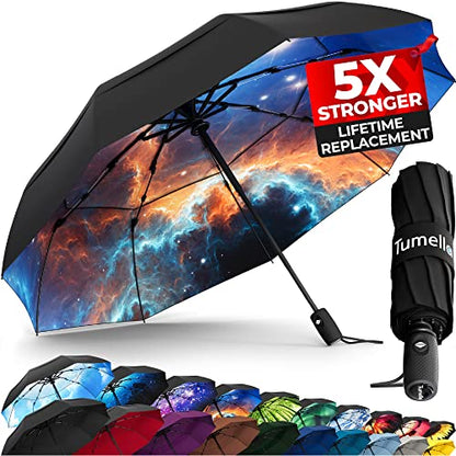 TUMELLA Strongest Windproof Travel Umbrella (Compact, 100MPH Wind-Tested), Light, Portable, One-Handed Use, Automatic Folding Rain Umbrella, Durable, Premium Grip, Fits Car & Backpack - color: 1-pack Nebula