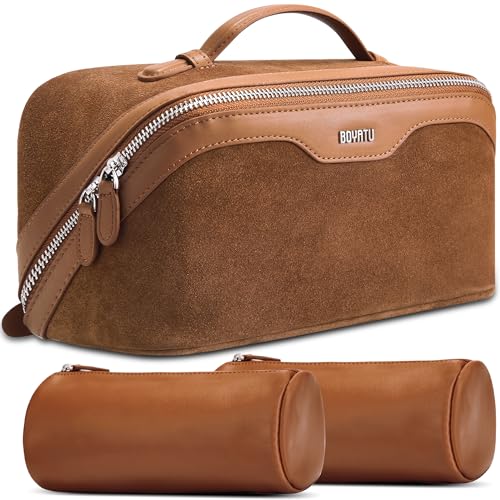 BOYATU Genuine Leather Travel Makeup Bag: Hand-made 3 Pcs Set Cosmetic Bags - color: 06Caramel