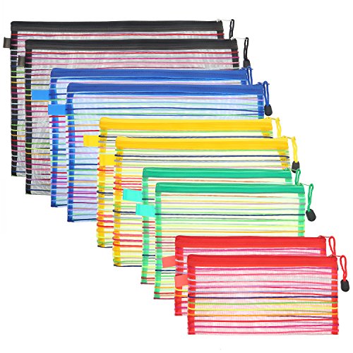 HESTYA 10 Pcs Mesh Zipper Pouch 5 Sizes 5 Colors Travel Storage Bags Bulk