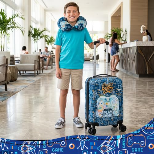 Kid's Luggage Set 4 Piece Suitcase Set 16" Hardside Luggage with Spinner Wheels Boys Carry on Toddler Travel Rolling Suitcase Airline Approved - color: Blue Game Console