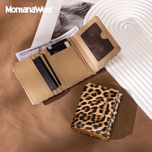 Montana West Small Wallets Woman RFID Blocking Wallet Trifold Pocket Wallet with ID Window - color: Z Leopard Tan