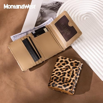 Montana West Small Wallets Woman RFID Blocking Wallet Trifold Pocket Wallet with ID Window - color: Z Leopard Tan