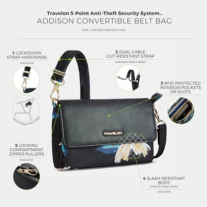 Travelon Anti-Theft Addison Convertible Crossbody/Belt Bag - color: Midnight Floral