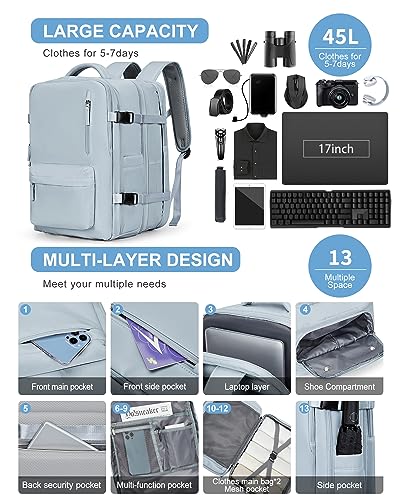 WONHOX Large Travel Laptop Backpack Expandable Flight Approved Backpack Carry on Backpack for Women Men Waterproof 17inch Laptop Daypack Hiking Work Backpack with Shoe Compartment Blue - color: A12-lightblue