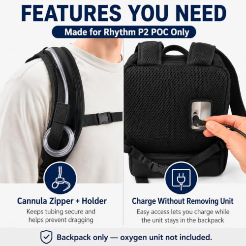 O2TOTES Backpack Fit for Rhythm P2 E6/E7 & React Health POC2000 Models Only | Bag only, charge without removing unit, battery and cord storage, clear top to view screen, padded chest and waist straps - style: Black