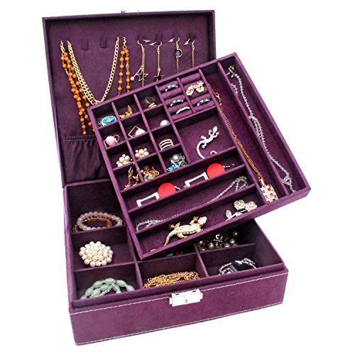 Two-Layer Jewelry Box Organizer Display Storage case with Lock (Purple) - color: Purple