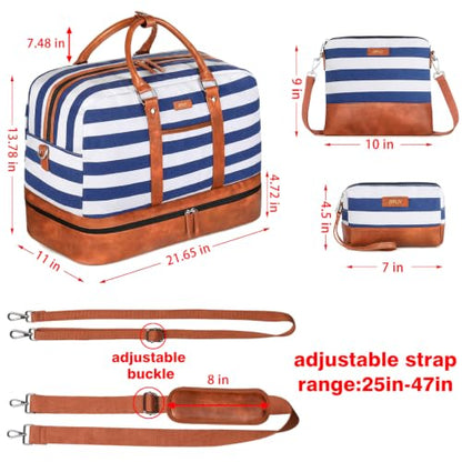 IBFUN Weekender Bags for Women, 3PCS Travel Set with Shoe Compartment 21.6 - color: A09-brown+blue & white stripes