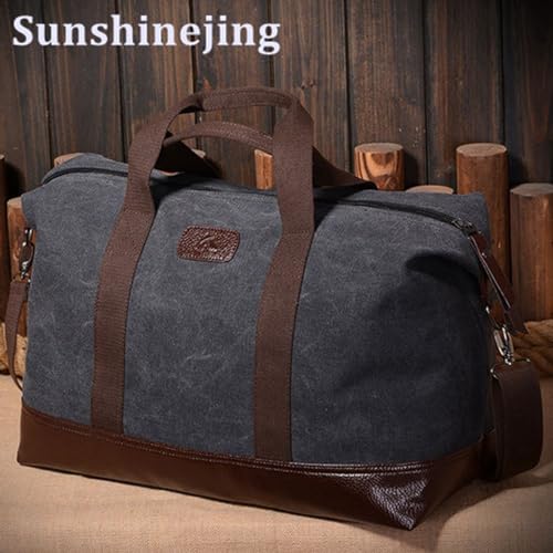 Sunshinejing Classic Weekender Overnight Duffel Bag Canvas Leather Carry on Travel Tote (Black) - color: Black