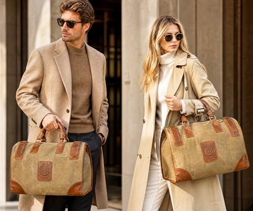 Water Resistant Canvas + Leather Travel Luggage Tote Duffle Gym Suitcase Weekender Overnight Bag For Men Male FB8151 (A-Brown) - color: Khaki