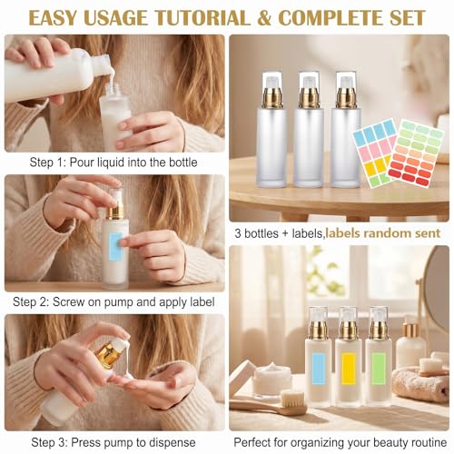 3Pcs 1oz Clear Frosted Glass Lotion Pump Bottles with Stickers - size: 30ML/1oz