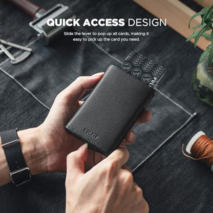 VULKIT Pop up Card Wallet Minimalist Cash Wallets RFID Blocking Leather Smart Credit Card Holder with ID window for Men - color: Top-Grain Cowhide Litchi Black