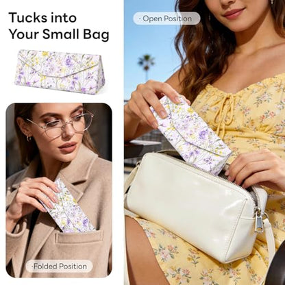 Sunglasses Case, Foldable Glasses Case, Magnetic PU Leather Hard Shell Folding Eyeglass Holder Box - color: Purple Flowers