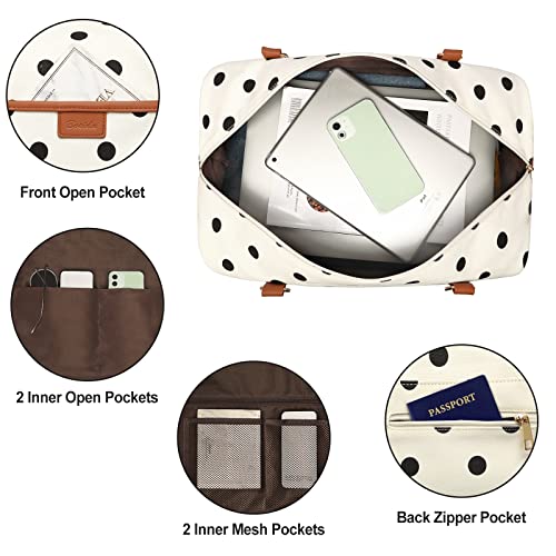 3Pcs Set Polka Dots Weekender Bags for Women Canvas Carry On Overnight Bag Travel Duffle Tote Bag for with Shoes Compartment, Brown