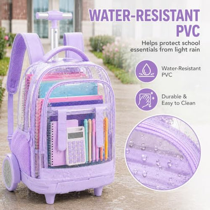 KLFVB Women & Girls Clear Rolling Backpack with Big Quiet-Glide Wheels, 3-in-1 Transparent Wheeled Commuter Set with Lunch Bag | Water-Resistant See-Through Roller Bag for Travel, School - Purple - color: Purple Clear Rolling Backpack with Big Wheels