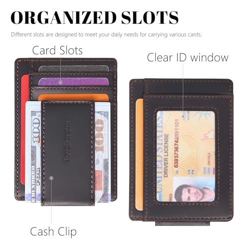 Toughergun Slim Wallet for Men RFID Blocking Money Clip, Minimalist Front Pocket Credit Card Holder, Magnetic Thin Mens Wallets with ID Window - color: Deep Coffee