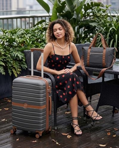 Kono Luggage Sets 2 Piece, Expandable 28 Inch Luggage with Spinner Wheels, Lightweight & Anti-Scratch PC+ABS Hardshell Travel Rolling Suitcase Large Checked Luggage with Duffel Bag, Grey/Brown - color: Grey/Brown, size: 2 Piece Set (28/Db)