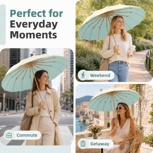 Compact Travel Umbrella with UPF 50+ UV Protection - color: Pale yellow
