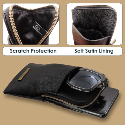 Soft Double Glasses Case, Portable Zipper Sunglasses Sleeve, Dual Eyeglasses Holder Pouch & Cloth Men Women - color: Black