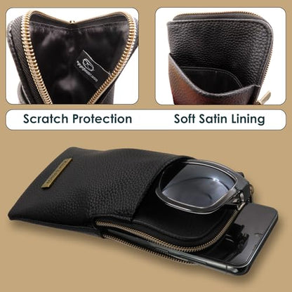 Soft Double Glasses Case, Portable Zipper Sunglasses Sleeve, Dual Eyeglasses Holder Pouch & Cloth Men Women - color: Black