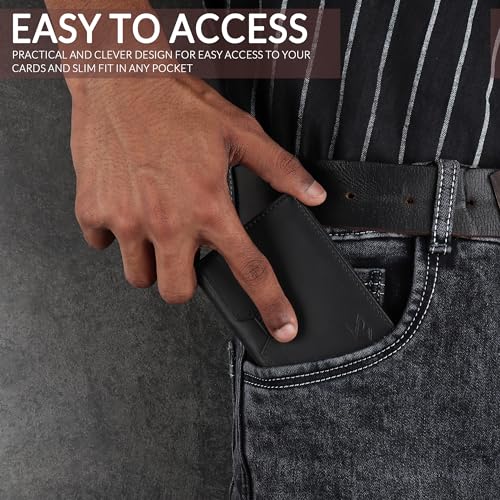 FOXHACKLE Full Grain Leather Credit Card Holder for Men and Women, Slim Bifold RFID Blocking Wallet, Thin Front Pocket Minimalist Wallet, Small Card Case. - color: Matte Black