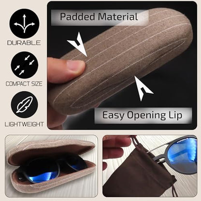MyEyeglassCase Men's Medium Glasses Case - Classic Eyeglasses Hard Shell Holder, Elegant Easy Open Lip with Pouch and Cloth - color: As196 Tweed Brown