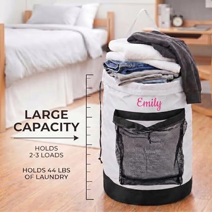 Personalized Laundry Bag Heavy Duty Custom Graduation University XL Bag Backpack with Hanging Shoulder Strap & Mesh Pocket - Back to School College Graduation Gift - Choose Your Font & Thread Color - color: White