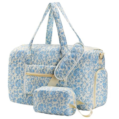 Large Quilted Travel Duffel Bag,Weekender bag with Shoe Compartment - color: Blue Floral