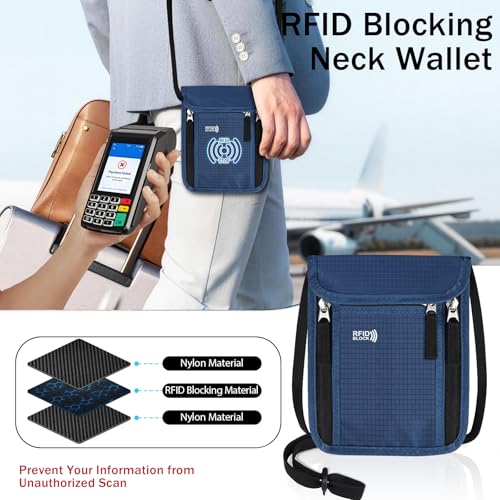 Travel Neck Wallet Women Men RFID Blocking Hidden Passport Holder - color: blue