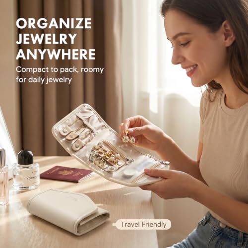 Travel Jewelry Organizer Roll, Foldable Pouch for Earring, Necklace, Ring - color: Beige