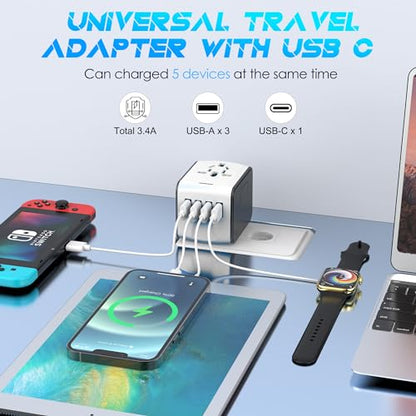 ISIX International Travel Adapter, 1 USB-C &3 USB-A Ports,2500W AC Outlet, - color: White