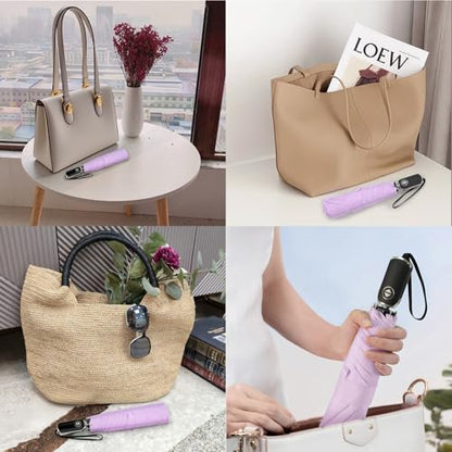 Automatic Mini Flat Umbrella Compact Travel Rain | Auto open close mini flat umbrella for purse, pocket, backpack, car, school, commute, office, travel and daily rain gifts - color: 05.Light Purple, size: 46inch