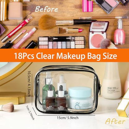 18 Pieces Clear Cosmetics Bag Bulk, TSA Approved Toiletry Bag for Travel, Clear Zippered Cosmetic Makeup Pouch, Waterproof Vinyl Plastic Organizer Case for Vacation Bathroom (Small) - color: 18 Small Black