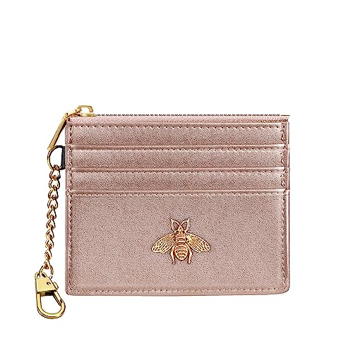 SEAVILIA Card Holder Keychain Wallet for Women with ID Window RFID Coin Purse Bee Gifts Slim Minimalist Small Wallet - color: Rose Gold