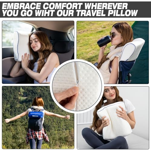 Travel & Camping Comfortable Memory Foam Pillow – Easy to Carry Portable Bag – Temperature Regulating Pillow Case - Perfect for Travelling (White Contour) - size: White Contour