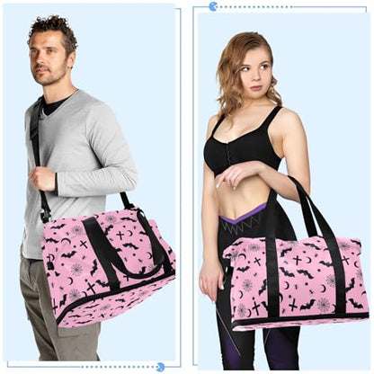 Gothic Pink Travel Duffel Tote with Bats - Sports Weekender Overnight Gym Carry On Hospital Bag for Women & Men - color: Goth 04