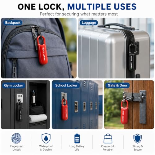 Smart Fingerprint Padlock for Locker, Small Rechargeable Fingerprint Lock, Keyless Biometric Thumbprint Padlock for Gym School Locker, Suitcase, Backpack - color: Black