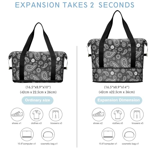 Foldable Large Travel Duffel Bags for Women - Black Gym Bag Paisely Waterproof Weekender Beach Tote Carry on Bag with Luggage Sleeve for Spirit Airlines Personal Item Bag Overnight Mom Hospital Duffle - color: Paisely05