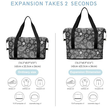 Foldable Large Travel Duffel Bags for Women - Black Gym Bag Paisely Waterproof Weekender Beach Tote Carry on Bag with Luggage Sleeve for Spirit Airlines Personal Item Bag Overnight Mom Hospital Duffle - color: Paisely05