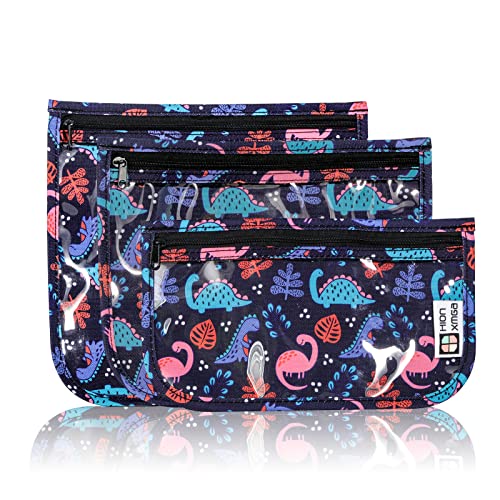 HIONXMGA Set of 3 Clear Travel Toiletry Bag, TSA Approved, Quart Size S/M/L - color: Dinosaur, Mixed Sizes