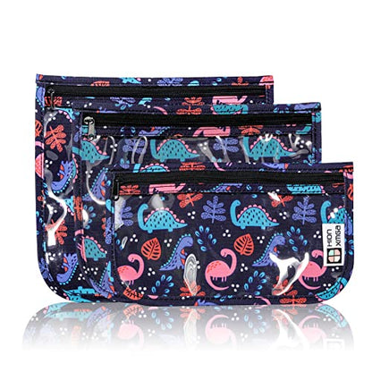 HIONXMGA Set of 3 Clear Travel Toiletry Bag, TSA Approved, Quart Size S/M/L - color: Dinosaur, Mixed Sizes