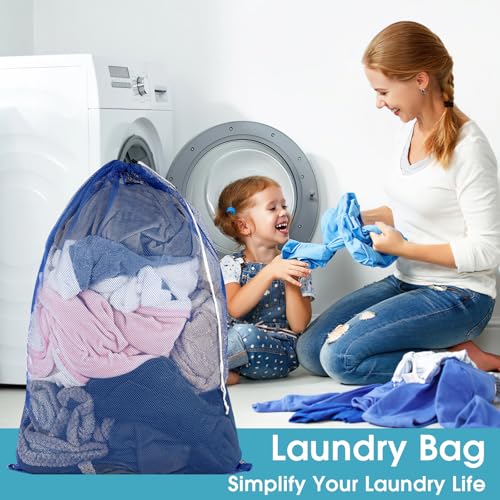 2 Pack Mesh Laundry Bags 23x34 Inch Drawstring Locking for Travel Home - color: Blue