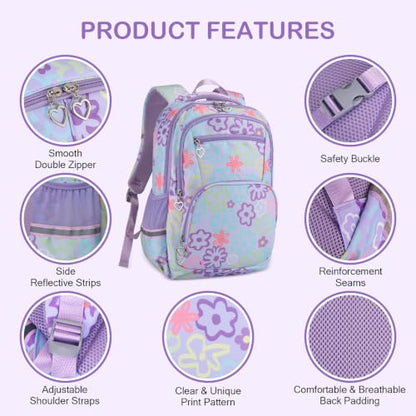 Rexmore Girls 3Pcs Backpack Set with Lunch Box & Pencil Case, Purple - color: Purple