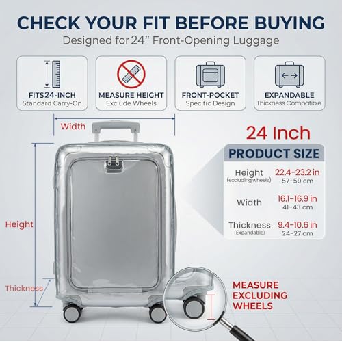 Clear Carry On Luggage Cover, Expandable Width, No Disassembly, 24 Inch with Front Pocket Zipper, PVC Plastic Material, Travel Waterproof Transparent Suitcase Protector - color: Expandable (Front Access Only), size: 24 inch (Right Handle)